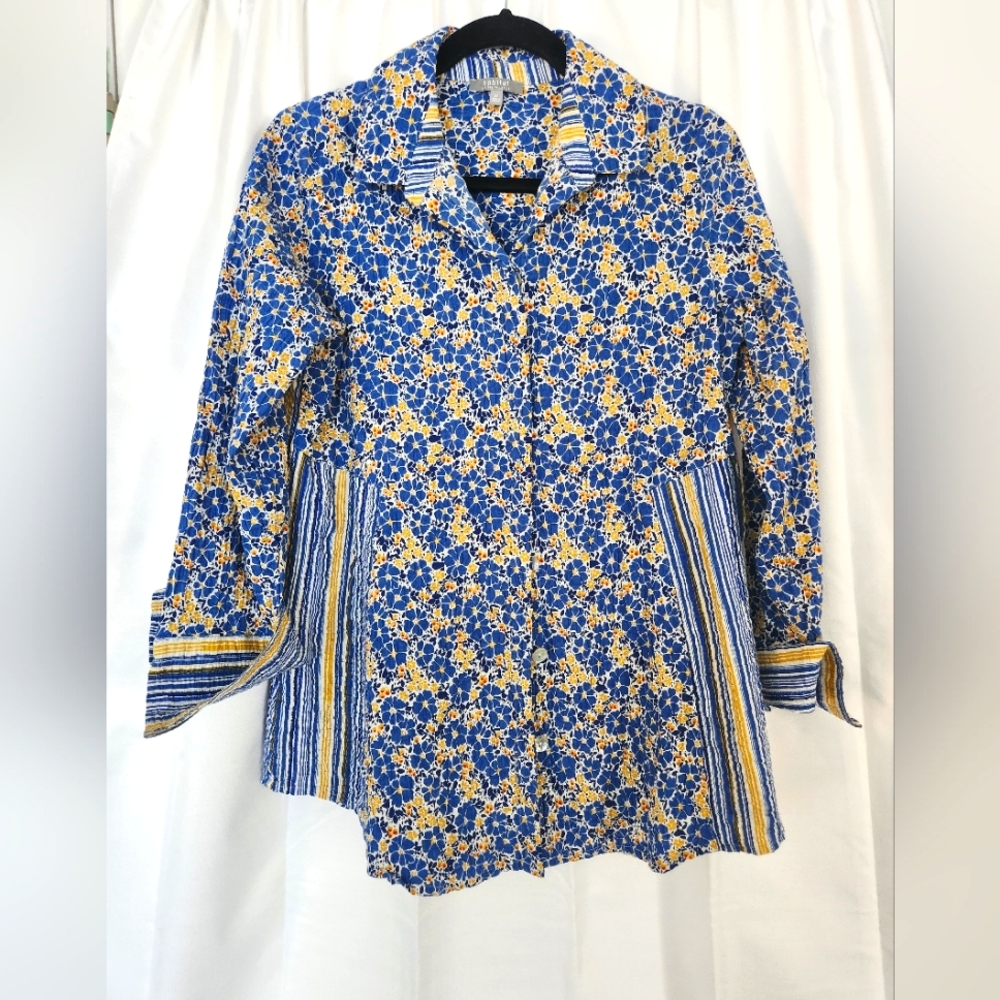 Habitat clothes to live in blue and yellow sweet cotton blouse